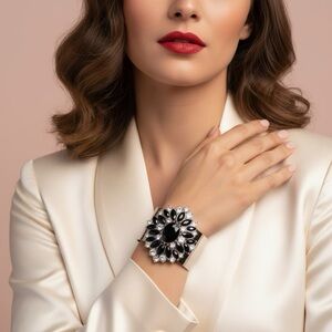 Paparazzi Statement Black White Crystal Cuff Bracelet NWOT